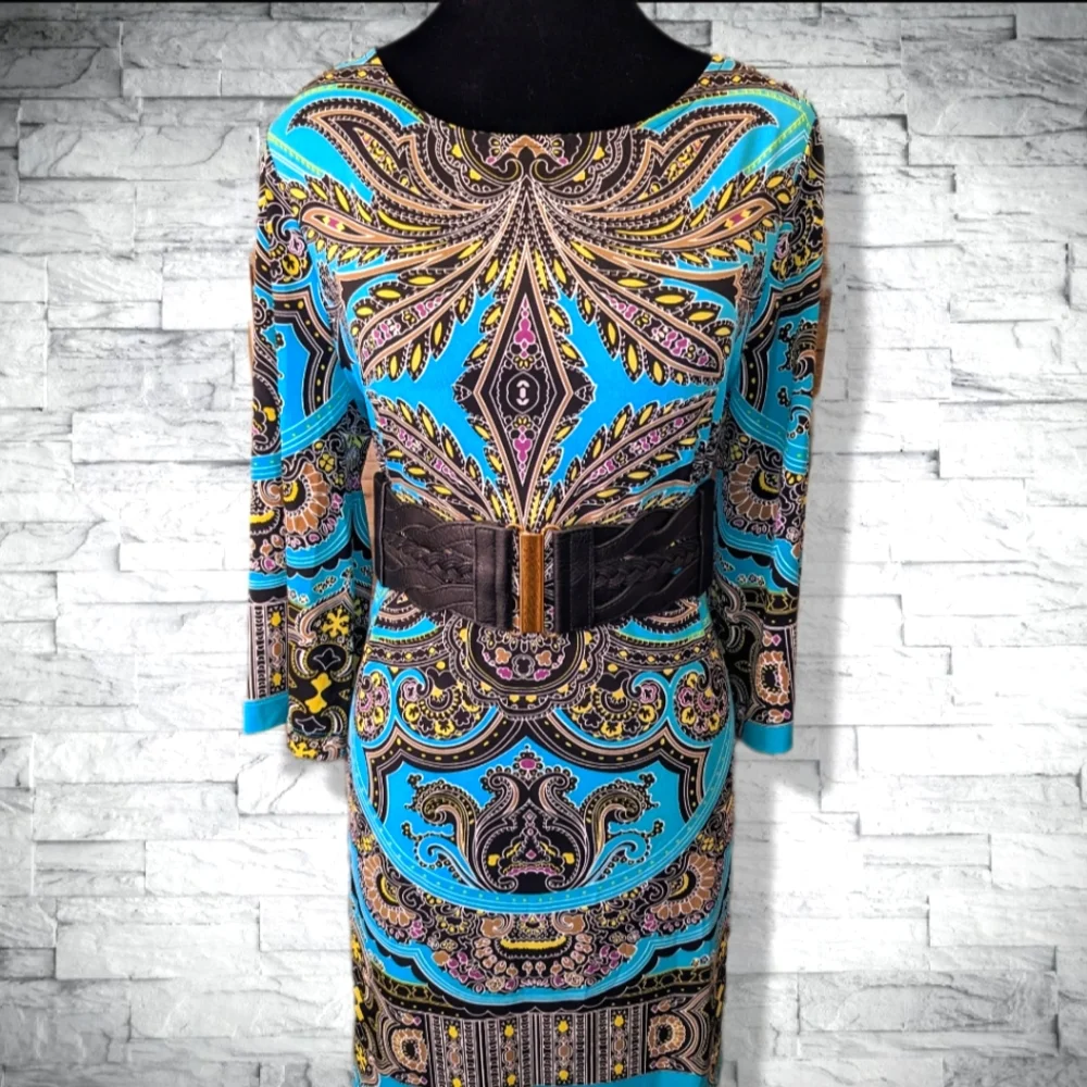 Teal Turquoise Stretch Mini Dress 3/4 Sleeves Boat Neck Flattering Fit D10 - Picture 6 of 11
